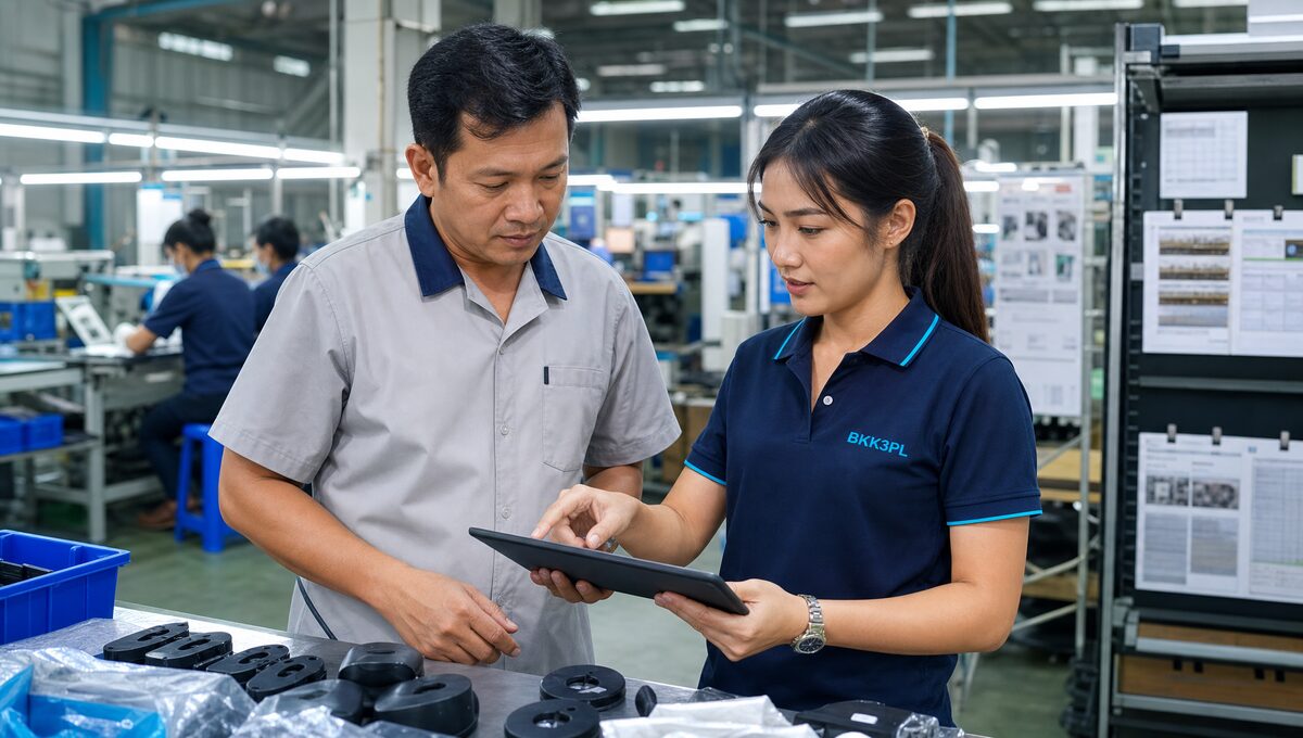 Thai sourcing agent inspecting a factory production line with a quality checklist