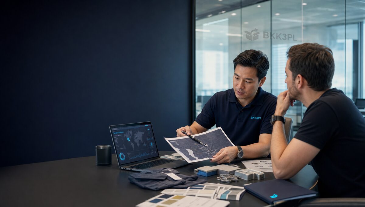 Thai sourcing expert reviewing supplier map and product samples in a Bangkok conference room