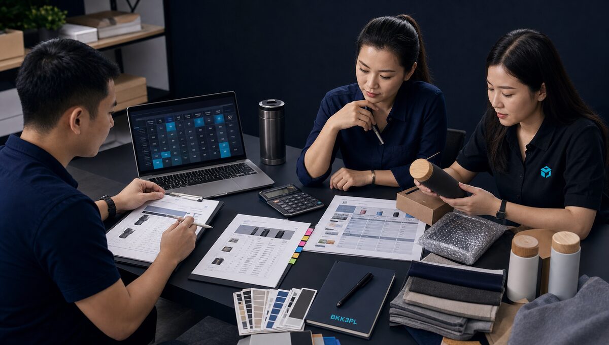 Thai sourcing team comparing product samples supplier scorecards and cost breakdowns